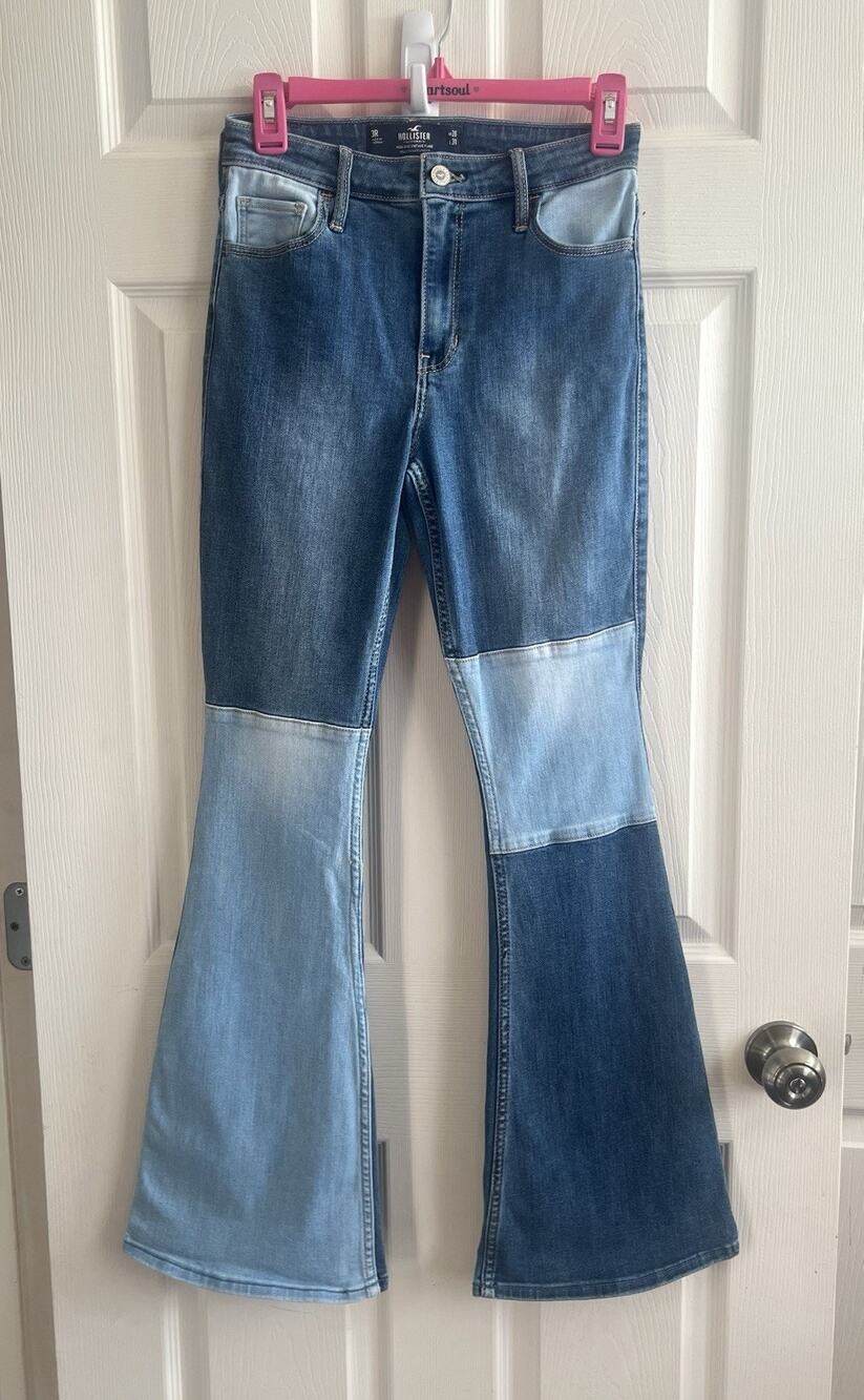 HOLLISTER Women's 70s-Inspired Patchwork Hi-Rise Vintage Flare Denim Jeans 26x31